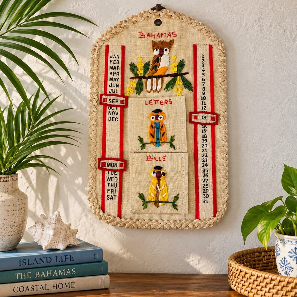 Bahamas Raffia Owl Perpetual Calendar Wall Organizer Letters Bills